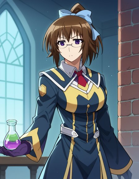 score_9, score_8_up, score_7_up, source_anime, <lora:mogana-kikaijima-s2-ponyxl-lora-nochekaiser:1>, mogana kikaijima, brown hair, purple eyes, ponytail, glasses, hair bow, blue hair bow, large breasts,, <lora:wizard-ponyxl-lora-nochekaiser:1>, wizard, wizard hat, robe, dress, long sleeves, gloves,, indoors, bricks, potion, flask, vial,, cowboy shot,, , dutch angle, cowboy shot