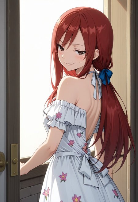 aesthetic, masterpiece, work of art, best quality, best, anime, detailed, score_9, score_8, score_7, Expressiveh, Sundress, With Bows and Ribbons, Sleeveless, Backless, Off Shoulder, Short Sleeved, Haltertop, Hair Ribbons, Checker-print, Frilly, Floral Print, Erza_Scarlet, blush, leaning against doorway, smirking, looking down at viewer