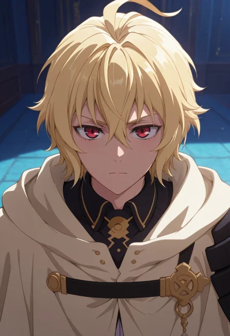 masterpiece, best quality, , (3d:0.4), looking at viewer, 1boy, solo, male focus, <lora:mikaela_hyakuya_ilxl:0.96>, mikaela_hyakuya, blonde hair, red eyes, short hair, hair between eyes, bangs, ahoge, , , vandal costume