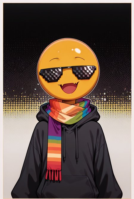 <lora:xmattar-10:1> xmattar, open mouth, rainbow scarf, , solo, smile, pixel sunglasses, 1boy,black hoodie, yellow skin, circular head,, masterpiece, best quality, amazing quality, very aesthetic, absurdres, newest,, upper body, halftone effect, white borders, abstract background:1.2,