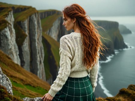 (back facing viewer:2), (analog photograph, hyperrealistic, masterpiece, 8K, soft cinematic lighting, cold|dreary atmosphere, windy:1.75), (tall woman, very long messy hair, overlooking the cliffs of Moore, tight white knitted aran sweater, short plaid green skirt:1.5), pale skin, redhead, skinny <lora:RMSDXL_Enhance:1.5>  <lora:RMSDXL_Creative:1>