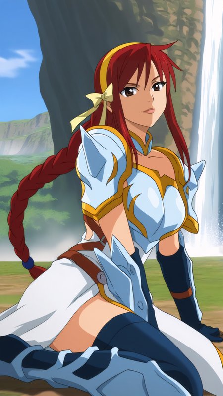 masterpiece, best quality, very aesthetic, absurdres, BREAK, 1girl, looking at viewer, cowboy shot, 
<lora:LightEmpress_Erza_Illu_Dwnsty:0.8>, erz_lightning, brown eyes, red hair, long hair, braided ponytail, hair bow, yellow hairband, hair ornament, hair ribbon, tattoo, armor, single braid, pauldrons, armored dress, black thighhighs, breastplate, gauntlets, armored boots, shoulder pads, shoulder spikes, 
large breasts, lips, light smile, novel illustration, wariza, on ground,
outdoors, nature, landscape, sunlight, blue sky,  waterfall, cliff,