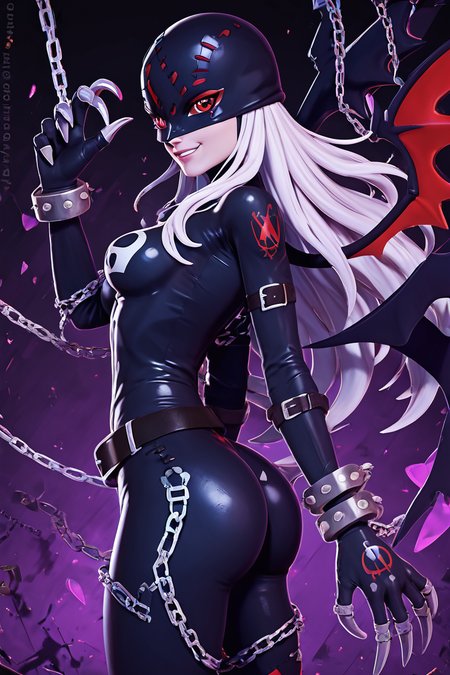 score_9, score_8_up, score_8, medium breasts, (curvy), cute, eyelashes,       BREAK, ,  zzLadyDevi, chain, belt, stitches, claws, gloves, wings, asymmetrical clothes, bodysuit, <lora:LadyDevimon_Digimon_PDXL:0.8>,  , BREAK, smile, looking at viewer, cowboy shot, side view, ass,  ,,, embedding:zPDXL, Expressiveh, ,,, <lora:Zy0n7_PDXL:0.8>, <lora:SDXLFaeTastic2400:0.5>, <lora:Expressive_H-000001:0.4>,