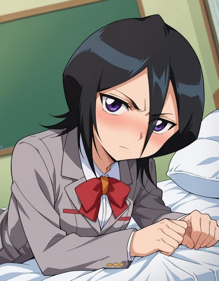 score_9, score_8_up, score_7_up, source_anime, 
rukiakuchiki, <lora:rukia-kuchiki-s1-ponyxl-lora-nochekaiser:1>, 
rukia kuchiki, black hair, hair between eyes, purple eyes, short hair,
skirt, bow, school uniform, jacket, blazer, grey jacket,
indoors, bed, bed room, on side, blush, drunk,
looking at viewer, cowboy shot, dutch angle,