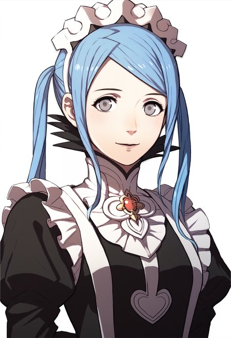 score_9, score_8_up, score_7_up, source_anime BREAK 1girl, solo, <lora:flora-fe-richy-v1_pdxl:0.9>flradf, grey eyes, blue hair, long hair, twintails, maid headdress, black feathered collar, red brooch, breasts, juliet sleeves, arms behind back, parted lips, smile, looking at viewer, <lora:zs_FE3HPortraitsXL:1> fe3hportraits, upper body, white background