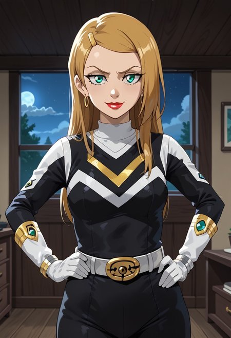 score_9, score_8_up, score_7_up, BREAK,
1girl, solo,  Sarah, green eyes, blonde hair, long hair, hairclip, earrings, lipstick, medium breasts, narrow waist, wide hips, sentaisaintforce, black bodysuit, silver belt, white gloves, spandex,  m-shaped chest symbol, helmet removed, no headwear,BREAK,
cowboy shot, smug, half-closed eyes, standing, hand on hip, indoors, night,