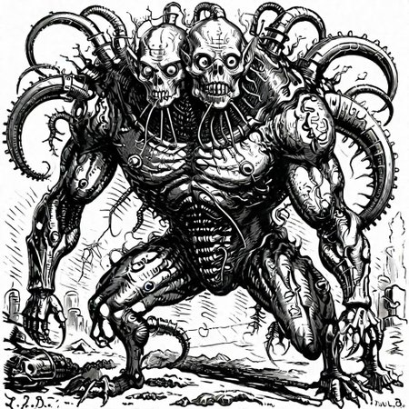a fleshmutant cybermutant creature with tubes on its body,monochrome,art by llbreton