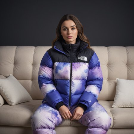 (full body shot) cute british woman wearing Watercolor designs  tnf_nuptse jacket and thick puffy double layered tnf_nuptse puffer salopettes, hyperdetailed photography,4k textures,intricate details,4k resolution   <lora:pufferdown_tnf_nuptse:0.5>, sitting on a couch, in a dark room, cinematic still