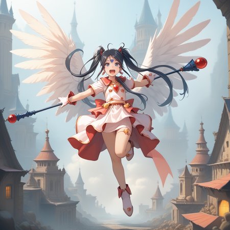 20yo, score_9,score_8_up,score_7_up,score_6_up, shiny oild skin, 
Skuld, open mouth, gloves, twintails, jewelry, full body, :d, earrings, white gloves, magical girl, staff,  castle night jumping dynamic poses On the roof upper body, gigantic angel wings, 
 <lora:Skuld:0.85> <lora:zy_Detailed_Backgrounds_v1:2>