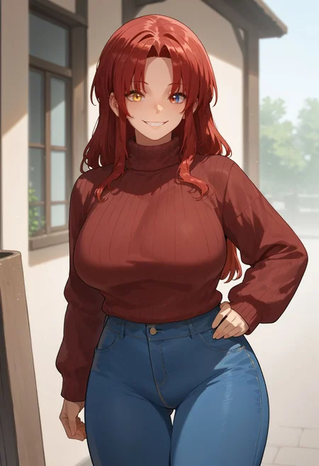 score_9,score_8_up,score_7_up, <lora:6no1_style_pdxl_goofy:0.8>1girl, alternate costume, breasts, casual, denim, heterochromia, jeans, large breasts, long hair, looking at viewer, mature female, pants, red eyes, red hair, smile, solo, sweater, turtleneck, turtleneck sweater, yellow eyes