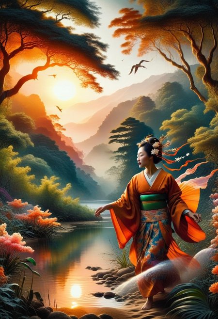 a woman in traditional Japanese attire walking beside a lake, in jungle, evening orange sun, reflections, orange sun rays, wild flowers and shrubs on ground, birds returning to their nests, 
BREAK,
inkbaroque, digital art by Adam Martinakis, Goro Fujita and Filip Hodas, Illustration, Surrealism, digital manipulation, ethereal landscapes, Concept art, VR painting, imaginative worlds, whimsical characters, digital illustration, vibrant colors, dynamic dramatic atmosphere, dynamic cinematic color, flowing,