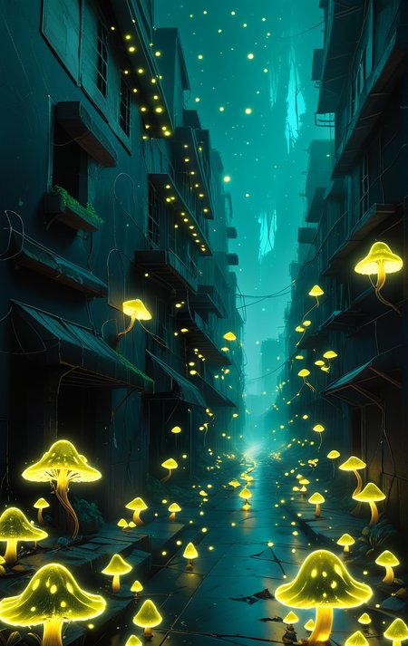 (Dark Street Alley:2), (hyper detailed:2), (ultra sharp focus:2) night, dark:2, (glowing bioluminescence:2), small green mushrooms, glowing, (abandoned:2), earth element, water element,
bones, (glowing moss:2), (glowing small green mushrooms:2), (small glowing dots:2),
(glowing green particles:2), glowing particles, (glowing mushrooms:2),
dynamic angle, 
(best quality:1.9), (masterpiece:1.9), (highest detailed:1.9),(angle:1.9), pov, perfectly lighted, (contrast), (saturated), (((sharp focus))), realistic,
<lora:add-detail-xl:2> <lora:glowneon_xl_v1:2>