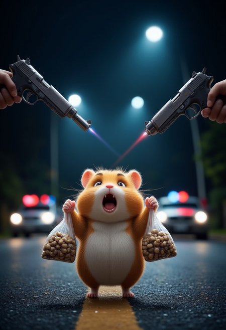 A small funny hamster stands on an asphalt road and raises his hands up. Two pistols with laser pointers are aimed at the hamster from above. The hamster has a frightened expression on his face. The fat hamster holds bags of nuts in his hands. It is dark, the hamster is under the light of spotlights, the lights of police cars are in the background. Adorable, cute, funny. realistic, higly detailed, cinematic, cartoonish atmosphere. detailmaximizer, midjourneyv6.1
