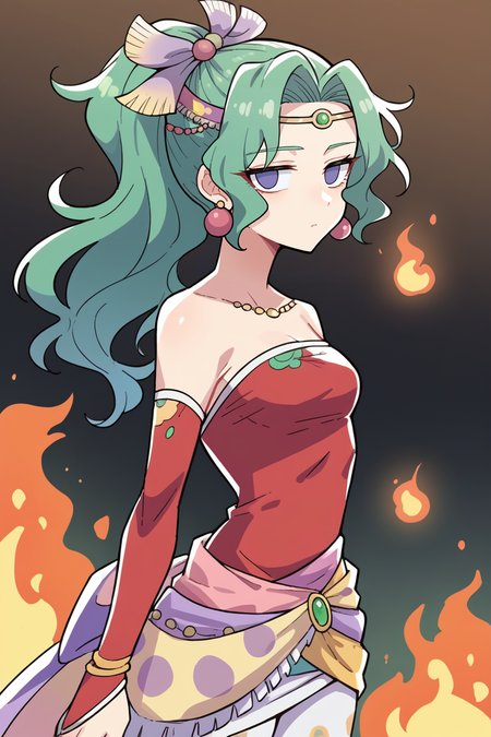 score_9, score_8_up, source_anime, 1girl, solo BREAK  <lora:tinabranford-pdxl-nvwls-v1-000006:1> tina branford, green hair, ponytail, hair ribbon, earrings, red dress, strapless, detached sleeves, clothes around waist, print legwear, looking at viewer, expressionless, gold circlet, hypnotized, village, fire, from side, empty eyes
