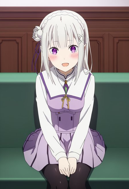 score_9, score_8_up, score_7_up, source_anime,
BREAK
<lora:shiLoveisWarStyleV1:1>, shilovewarstyle, 
1girl, solo, 
<lora:shiEmiliaV2:1> shimilia, long hair, grey hair, purple eyes, pointy ears, crown braid, hair flower, hair ribbon, purple ribbon, x hair ornament, 
looking at viewer, smile, indoors, 
school uniform, white shirt, purple skirt, pleated skirt, black thighhighs, pantyhose, sitting, open mouth, blush,