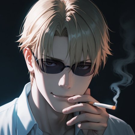 masterpiece, best quality, amazing quality, absurdres, newest, detailed background, definition so sharp, Ultra-HD, 8K cinematic, very awa, impressionate, amazing quality, highres, 
solo, male focus, manly, 
1boy, short hair, izumo_blonde, izumo_brown eyes, izumokusanagi, sunglasses \(on face\), holding cigarette, smoke, intricate smoke, ethereal, soft light, dark background, slight smirk, alluring, pensive, calm, cool colors, blue light, close up, thoughtful expression,