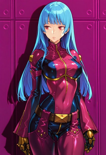 masterpiece, best quality, very aesthetic, absurdres, 
1girl, cowboy_shot, solo, vanillaware, 
breasts, revealing clothes, cowboy shot, (masterpiece),(best quality),(ultra-detailed),(best illustration),(best shadow),(absurdres),(detailed background),(very aesthetic)
,
NishimuraXL,
,wet,sweat drop, kula diamond, 1girl, solo, long hair, blue hair, gloves, breasts, zipper, red eyes, bangs, chaps, red lavender bodysuit,  gloves, gold gloves,  mechanical gloves,belt, covered navel