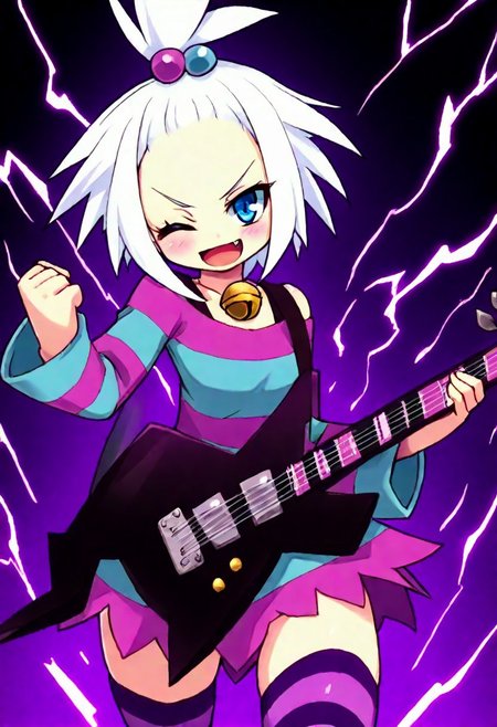 masterpiece, best quality, 1girl, solo, (curvy), eyelashes, (beautiful detailed eyes),  
,,,
college model, professional idol, 
aura, energy, furious, 
,,,
zzRoxie, blue eyes, white hair, hair bobbles, topknot, striped dress,
electricity, 
 solo, looking at viewer, blush, smile, open mouth, thighhighs, one eye closed, fang, striped, bell, ;d, instrument, striped thighhighs, guitar,
punch, incoming attack, dynamic pose, 
,  (foreshortening), 
,,,
BREAK,
cowboy shot, looking at viewer,