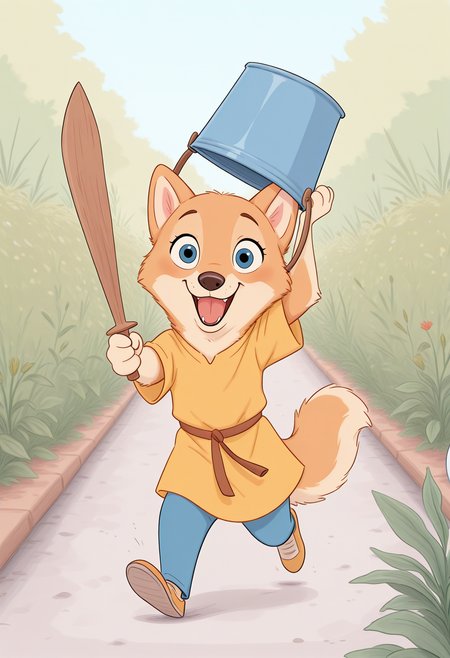 masterpiece, best quality, amazing quality, very aesthetic, absurdres, newest, solo, female, (anthro, dog, shiba), (cute, young), blue eyes, bucket on head, yellow tunic, blue pants, shoes, holding wooden sword, happy, laughing, running towards viewer, garden, close up, cabookstyle, <lora:Childrens_Book_Style_IL:1>, disney animation, <lora:Disney_Animation_v5-V7:1>
