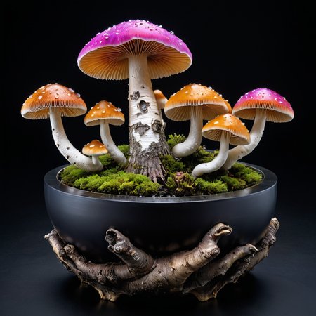 mysterious translucent transparent glass mushroom mixed with birch tree in slimy black bonsai pot, intricate and hyperdetailed raw photography by  Lee Jeffries, Joe Fenton, Andree Wallin, Killian eng, Sung Choi, album cover art, amazing depth, perfect ratio, hdr, perfect balanced styles, magical, intense back light, stunning soft smoke, impressive masterwork by head of prompt engineering, hyperkraximalism  <lora:hyperkraximalism:0.3>