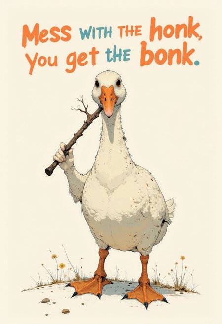 A simple cartoon-style illustration featuring a white goose standing upright, holding a wooden stick in its beak. The goose has orange legs and an orange beak, placed against a pastel-colored background. Replace the text "Mess with the honk, you get the bonk" with "Wanted: 10000 BUZZ" in bold, playful lettering. Maintain the humorous and minimalistic aesthetic of the artwork.