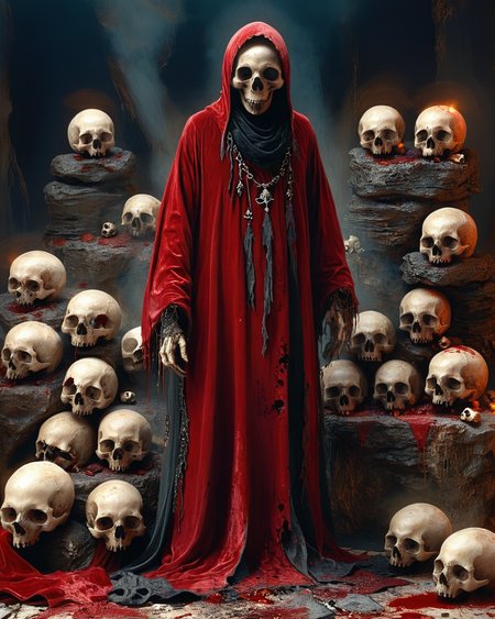 hooded sorcerer standing near a pile of skulls, volumetric lighting, velvet robe, intense color, pile of skulls, blood, <lora:add-detail-xl:1.0>,  <lora:xl_more_art-full_v1:0.4>,   <lora:XSfenlie:1> fenliexl,  <lora:lora:1>, realistic photo