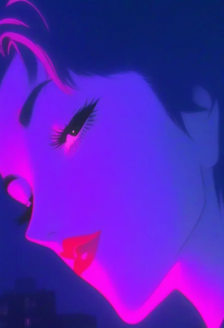 Screen shot from a 1990s, anime girl, pale skin, dynamic pose, long eyelashes, 1980s OVA. A close-up of soft, glossy lips, slightly parted, exhaling mist into the cold night air. The deep magenta hue of her lipstick gleams under the neon lights of a bustling city. A single fang peeks from beneath, barely catching the dim glow. Raindrops trail down her pale chin, illuminated in cyan and violet reflections from distant street signs. The blurred background of a skyline gives a sense of motion, as if this is a fleeting moment caught in a lost frame from a vintage OVA. The grainy, cinematic quality and muted color palette add to the nostalgic, dreamlike feel of a classic anime screencap.