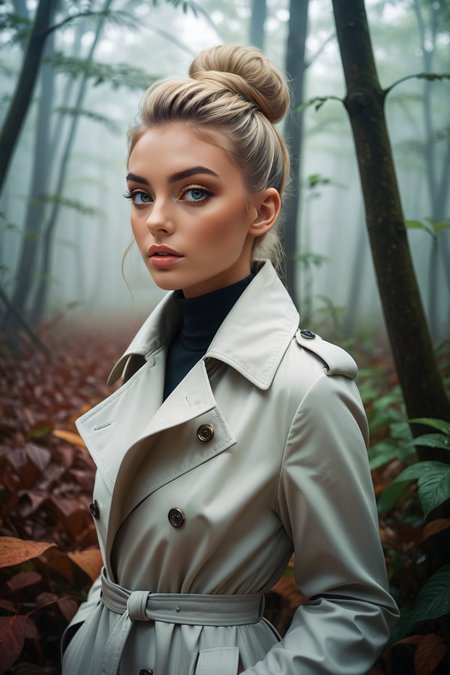 fashion editorial style, (solo, full body photo:1.3), (in ecstasy:1.3), (haze, fog, mist:1.3), chiaroscuro, <lora:DDR_Fashion:0.3>, AnalogRedmAF <lora:AnalogRedmondV2-Analog-AnalogRedmAF:0.1> Sock bun haircut,Sleek,Blonde highlights hair, Oversized trench explosion psychedelic paint colors:1.21)::0.15], amazing fine detail, Nikon D850 film stock photograph Kodak Portra 400 camera f1.6 lens, rich colors, lifelike texture, dramatic lighting, unreal engine, trending on ArtStation, cinestill 800 tungsten <lora:add-detail-xl:1> <lora:DetailedEyes_V3:1>, perfect eyes <lora:perfect-eyes:0.3>, high fashion, trendy, stylish, editorial, magazine style, professional, highly detailed