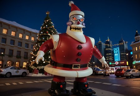 score_9, score_8_up, score_7_up,  a Crazy Robotic Santa Claus rider of wild  robo Motorcicle, Christmad techo city background
