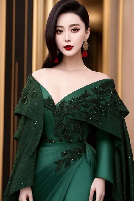 Masterpiece, high quality, 4K, beautiful design, shiny, from the front, award winning photo, extremely detailed, amazing, fine detail, absurdres, highly detailed woman, extremely detailed eyes and face, by lee jeffries nikon d850 film stock photograph 4 kodak portra 400 camera f1.6 lens rich colors hyper realistic lifelike texture dramatic lighting unrealengine trending on artstation cinestill 800 tungsten, solo, 1girl,
fanbingbing, a woman in a green dress on a red carpet , wearing fanbingbing fashion, scarf covered in black feathers
 <lora:FanFashion:0.8>