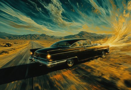 A sleek, shiny vintage car roars down a desolate highway, its form a silhouette against the breaking dawn. The road stretches endlessly, glowing with streaks of deep cobalt, vibrant gold, and shimmering teal that bleed into the sky, casting an ethereal glow over the surreal landscape. Directional light from the rising sun creates sharp contrasts, highlighting the swirling mist that clings to the ground and refracting into shimmering light particles suspended in the air.
The car’s headlights blaze through the haze, their beams carving bright trails that dissolve into the motion blur of its overdrive pace. The close-up view captures the car’s polished surface in exquisite detail, its chrome accents reflecting a kaleidoscope of shifting hues as if alive with energy. The road below blurs into streaks of motion lines, adding a visceral sense of speed and urgency, while the elongated shadows of the car dance across the cracked asphalt.
Above, the sky churns with vivid, surreal hues, swirling like molten glass, creating a striking juxtaposition against the gothic emptiness of the road. The haunting beauty of the dawn evokes a sense of transition—both an ending and a beginning—while the image’s vibrant colors and dynamic perspective immerse the viewer in a cinematic moment of raw, unrelenting motion.The entire scene exudes symbolism—speed, freedom, and the fleeting passage of time. The motion and vivid colors pull the viewer into a dreamlike, cinematic moment frozen in time.