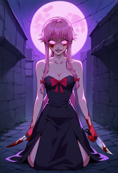 score_9, score_8_up, score_7_up, score_6_up,   <lora:st4t1ctvXLP:1> st4t1ctv, chromatic aberration, dark purple theme, red vignette, 1girl, yuno gasai, long hair, pink eyes, glowing eyes, pink hair, moan, blood on face, blood on hands, low twintails, bare shoulders, black dress, bow, cleavage, collarbone, dress, hair bow, yandere trance, outdoors, dark alley way, night, moon, concept art, realistic, dark theme, low light, dark night, cinematic lighting, (holding knife, stabbing corpse on ground, from behind, from back, scary, killing, kill man, kneeling, dynamic pose)