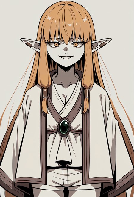 score_9, score_8_up, source_anime, 1girl, solo, Serie, long hair, hair tubes, ear bar, white dress, short dress, cleavage, green brooch, white robe, short robe, white shorts, evil smile, blur, sketch, simple background, line art, flat color, limited palette, muted color, spot color, greyscale, <lora:Traditional_art_v4_USENEG:-1>, <lora:ChamSeriePonyXL:1>