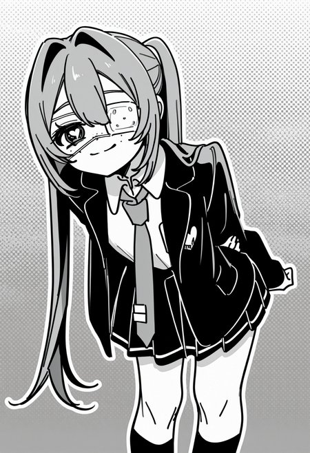 1girl, solo, hatsune miku, hmmonitoring, very long hair, twintails, bangs, hair between eyes, medical eyepatch, freckles, school uniform, collared shirt, necktie, jacket, open jacket, long sleeves, pleated skirt,standing, closed mouth, monochrome, sidelocks, heart, greyscale, symbol-shaped pupils, feet out of frame, kneehighs, leaning forward, hair intakes, heart-shaped pupils, arms behind back, blazer, outline, halftone, holding own arm, hand on own arm, medical eyepatch, naughty face, 
abstract background,
rating safe, akita,
masterpiece, best quality, amazing quality, highres, newest,  <lora:akita:1.0> <lora:Hatsune_Miku_Monitoring:1.0>