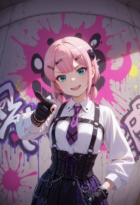 asterpiece, best quality, amazing quality, very awa,absurdres,newest,very aesthetic,
black gloves, ((punk outfit,)), smile, goth eyeliner, full teeth, t, black nails, abstract background, abstract, colorful, paint splatter,fisheye, graffiti, hands_in_pocket, head up, head tilt,
1girl, low twintails, purple necktie, white shirt, hair ornament, collared shirt, bangs, pointing at viewer, jewelry, long sleeves, school uniform, v-shaped eyebrows, smile, bracelet, skirt
  <lora:Chiyoda Momo v2:1> 1girl, short hair, pink hair, hair ornament, hairclip, green eyes, small breasts,