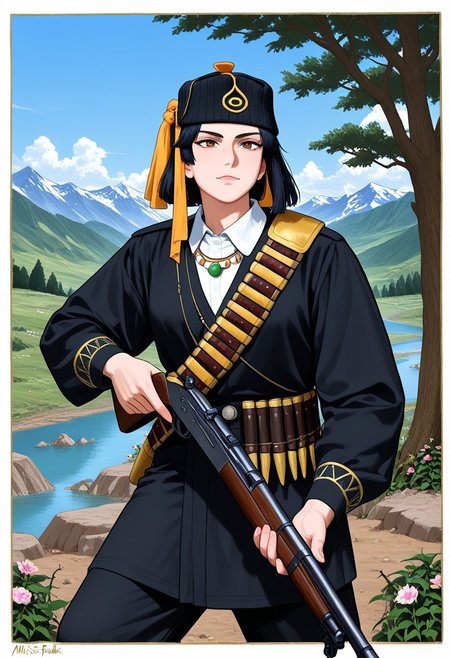 Pashlik hat
Pontic greek traditional clothes,black long sleeves,black pant, jewelry, necklace, weapon,Slanted bandolier, white collared shirt,beanie, cowboy shot, Mist, trees, tea plantation, conifers, blue sky, white clouds, steep rocks, river, valley,Crouching, holding a rifle, a tough expression, a soldier, a golden sun, mountains, flowers, soil, thorns