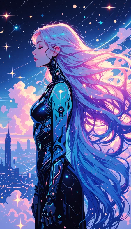 masterpiece, Shinkaistyle,
pinkretroanime, retro art,
Cyberpunk Style, cyberpunk, science fiction, hi tech, future tech, neon, (Cybernetics:1.25), (Neon Cityscape:1.4), (lineless:1.5), smooth edges, (lighten the face:1.5), tall body, slender body, fit body, long legs, This is a digital artwork featuring a female character with long flowing hair and an ethereal appearance. The character's skin tone is light, and she has a slender build. Her eyes are closed, and her head is tilted slightly downward, suggesting a moment of contemplation or serenity. She appears to be emitting a soft, blue-green glow that contrasts with the darker background. The character is set against a vibrant cosmic backdrop filled with stars in various shades of blue and purple, giving the impression of being among them. The colors are rich and vibrant, creating a dreamy and magical atmosphere. In terms of lighting, the source seems to be coming from above the character's head, casting a gentle light that accentuates her hair and the glow she is emitting. There is no harsh shadow visible on the character, which further enhances her ethereal nature. The background behind her is darker, with hints of warm colors peeking through, suggesting a nebula or galaxy. The character's pose and expression, combined with the cosmic setting, give the impression that she might be an angel or a celestial being associated with space and stars. There are no visible textures on her skin or clothing, which maintains the smooth, otherworldly quality of her appearance. The overall style of the image is fantastical and could be described as a blend of fantasy and science fiction themes. *** IMPORTANT : The girl is a shadow silhouette, she is not real, she is black with white trim lines, 1girl, solo, long hair, breasts, dress, medium breasts, very long hair, closed mouth, blue hair, standing, monochrome, closed eyes, white hair, nude, small breasts, outdoors, parted lips, sky, cloud, star \(symbol\), from side, completely nude, sparkle, profile, night, floating hair, glowing, colored skin, wavy hair, moon, looking up, crescent, star \(sky\), night sky, starry sky, backlighting, blue theme, arms at sides, silhouette, space, crescent moon, glowing hair, galaxy