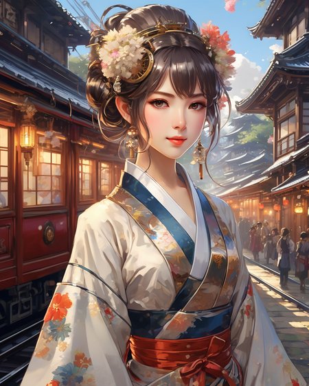 (extremely detailed CG unity 8k wallpaper),(masterpiece),(best quality),(ultra-detailed),(best illustration),(best shadow),(an extremely delicate and beautiful),dynamic angle,floating,finely detail,(bloom),(shine),glinting stars,classic,(painting),(sketch),Taisho steampunk,(steampunk:1.2) (1girl:1.7),(2020s),(cute face:1.3),anime face,((solo)),beautiful detailed face,shiny hair,colorful clothes,(kimono),(Japanese maid),maid dress,maid headdress,hair flower,hair ornament,(Frill),Brass Pocket Watch,extremely delicate and beautiful girls,beautiful detailed eyes,cowboy shot,steam train,building architecture,(Japanese style architecture),(street:1.2),
2d game scene,oil and watercolor painting,<lora:Retro_Illustration:0.75>,