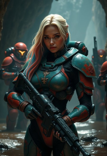 A female oriental  space marine in teal and red power armour, long multicoloured loose hair (blonde with blue and red highlights), holding a large Plasma gun in a damp cave, other armed space marines behind her, realistic textures, ultra-high definition, photorealistic, highly detailed, dramatic lighting, sharp focus, cinematic, hyperrealism, dark and mysterious atmosphere, great lighting