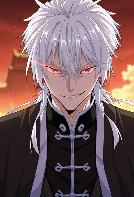 masterpiece, best quality, amazing quality,high resolution,intricate details,official style,depth of field,anime screencap , , , 1boy, solo, male focus,<lora:zhou_yi-fan:0.82>,zhuo-yi fan,white hair,hair tails,long hair,red eyes, looking at viewer,hair between eyes,upper body, outdoors,smirk,glowing eyes,multicolored robe,mouth open,Chinese clothes,ribbon,black and white gradient,white bordered,portrait