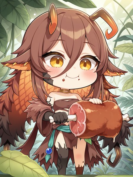 arthropod girl,traptrix holeutea,1girl,eating,solo,blush,holding boned meat,leaf,under leaf,chibi,plant,closed mouth,smile,brown bandeau,gold choker,single animal hand,brown revealing clothes,face scales,nature,
masterpiece,best quality,amazing quality,very aesthetic,absurdres,newest,<lora:Traptrix Holeutea illuXL v1:0.7>,
