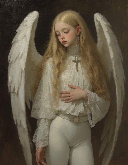 ethereal beautiful 12 year old female angel with large ethereal wings, wearing silver and white robes, in a church, half body portrait, pious look, innocent, realistic, catholic motifs, romantic, enlightenment art, enlighten, holy girl, pale skin, white skin, long blond hair, glow, painted by John Singer Sargent, Rembrandt lighting, brush stroke, focus on the girl, novuschroma, vantablack, niji_flux <lora:- Flux1 - vanta_black_V2.0:.8> <lora:113_novuschromaFLX_1:.4>  <lora:MoriiMee_Gothic_Niji_Style__FLUX_LoRA_Test_2:1> <lora:neeeg_f1:-1>