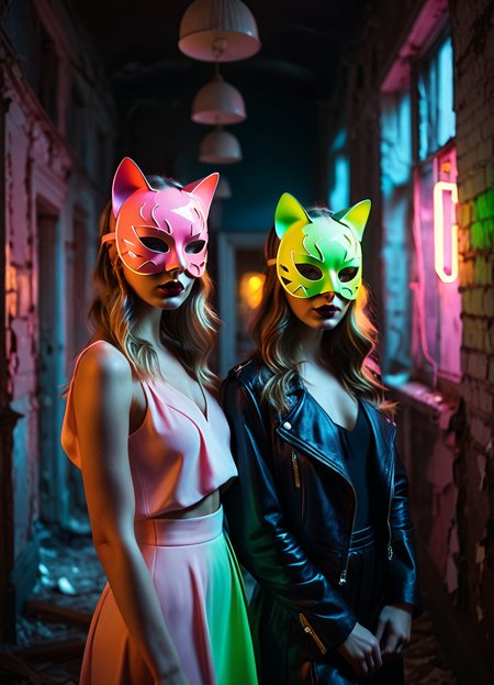 Ombre color scheme of neon pink, neon blue, neon yellow, neon green, neon orange, cinematic photo High Fashion, Pretty ladies in a dilapidated building wearing cat masks, for some reason...<lora:br1ghtXLP:0.7> multicolored <lora:43stl1ght1ngXLP2:0.7> 43stl1ght1ng, low light, dramatic lighting, darkness, neon, spotlight, dynamic, dramatic, haute couture, elegant, ornate clothing, High Fashion, 35mm photograph, film, bokeh, professional, 4k, highly detailed, detailed skin texture, (blush:0.5), (goosebumps:0.5), subsurface scattering