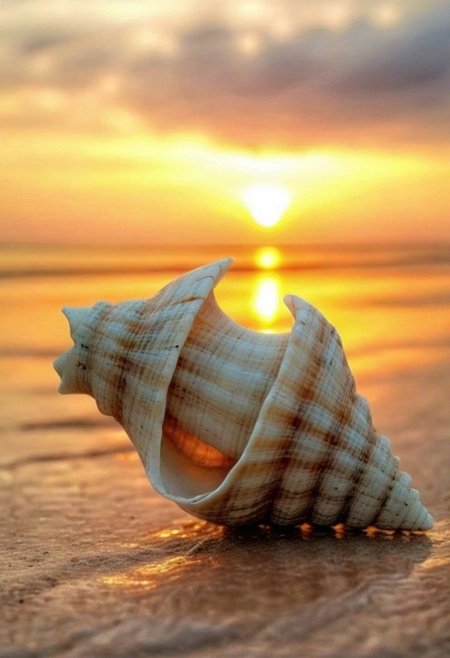 F-B-C, sharp foreground: an eroded shell, blurry background:  sunset on the beach , effect: the shell encapsulate the sunset scene