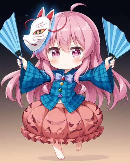 hata no kokoro,1girl, solo, long_sleeves, bubble_skirt, pink_skirt, folding_fan, chibi, sleeves_past_fingers, navel, holding_fan, blush, plaid_shirt, blue_shirt, mask_on_head, looking_at_viewer, triangle, closed_mouth, fox_mask, sparkle, ahoge, full_body, x, wide_sleeves, bow, star_\(symbol\)
<lora:hata_no_kokoro_image5070_2023-12-20:1>,star-shaped_pupils,symbol-shaped_pupils,. gorgeous,key visual, vibrant, studio anime,award-winning, professional, highly detailed,high budget, cinemascope