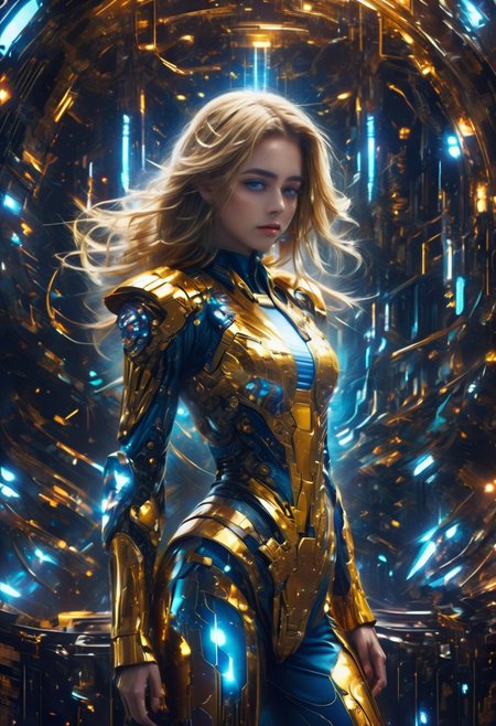 XUER martial arts style,A blonde girl with long hair is wearing a gold and blue mechanical suit, featuring many intricate mechanical details and technological elements. She is wearing glasses and high heels, standing in a futuristic scene with many twinkling lights in the background. The overall style is very sci-fi and sophisticated.