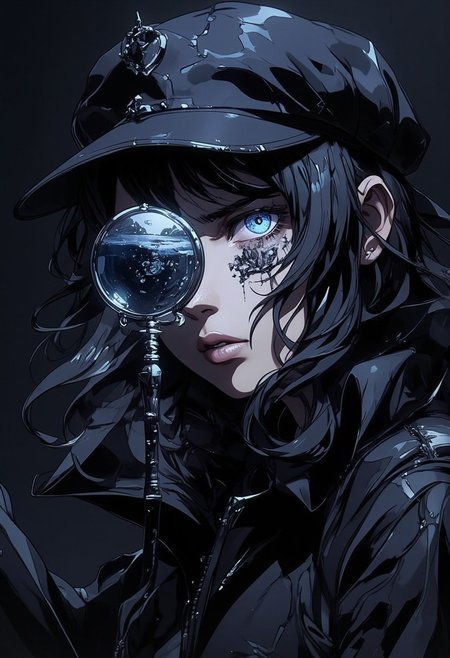 A pen and ink style expressionism painting. Portrait of a female detective scowling into a magnifying glass. The glass is crystal clear, showing a water portal through the glass. The detective is wearing a black suit that emanates her shadowy figure. 
Anime art of Detective draped in shadows with a lighting that enhances her unique features. Haunted house setting. Haunted expression, Haunted atmosphere. Ultra detailed artistic abstract. sbfte, de01, detail eyes, magic eyes, 8k.