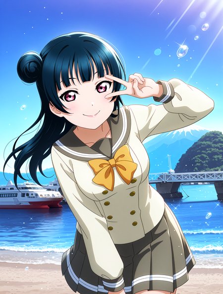 <lora:Koto-Umi-Riko-Shizu-Setsu-LLAS-IllustriousXLV01-V1:1> <lora:sdxl-boldline:-0.5> <lora:sdxl-flat:0.5>
<lora:Mitokaisuiyokujo-IllustriousXLV01-V1:1>
llas, masterpiece, very aesthetic, absurdres, best quality, newest, perfect anatomy, perfect lighting, anime coloring BREAK
(sparkle, light particles, light rays, sunbeam:1.2), reflection, rim lighting, (depth of field, blurry background:1.2) BREAK
1girl, solo, looking at viewer, cowboy shot BREAK
tsushima yoshiko, single hair bun, long hair, v, v over eye BREAK
big pupils, (detailed eyes:1.2), large breasts,  lips, smile, closed mouth BREAK
(urawin, uranohoshi winter uniform:1.2), long sleeves, white serafuku, yellow bowtie, grey skirt BREAK
mito beach, fuji mountain, numazuuchiura ocean, mount fuji, sand, bridge, ship, sign, day, blue sky, blue theme, (water drop, bubble:1.2)