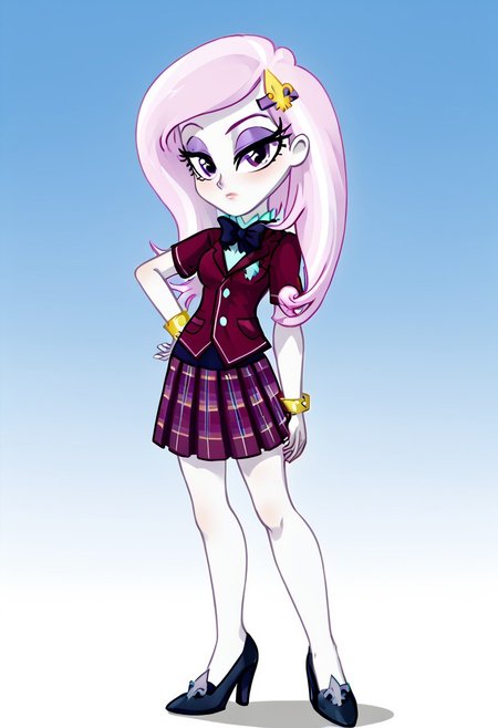 (High Resolution), (More Details), (8K), (High Resolution), NEGATIVE_HANDS, Fleur-de-lis, Equestria girls, 1 girl, alone, bare breasts, blouse, bow tie, bracelet, clothing, Crystal Prep Academy, Crystal Prep Shadowbolts, eyeshadow, female, fleur-de-lis outfits, short sleeves, makeup, plaid skirt, pleated skirt, skirt, high heels , Full body, Standing, Sexy and sensual, beautiful, beauty, attractive, toned all over the body, Posing sexy and sensual,  Seductive and sensual look, Posing