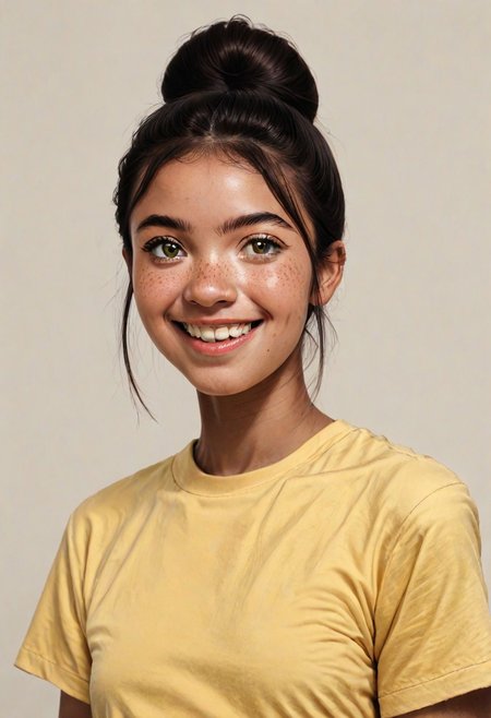 score_9, score_8_up 
BREAK 
1girl, (dark skin:0.4), prettyface, Manic Pixie, dark hair, hairbun, freckles, cute smile, yellow t-shirt, friendly, seductive, (girl next door:1.5), teeth visible 
BREAK 
FOV medium shot, simple background